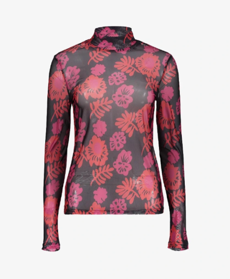 Geisha Top Mesh Flowers Black Red Fuchsia