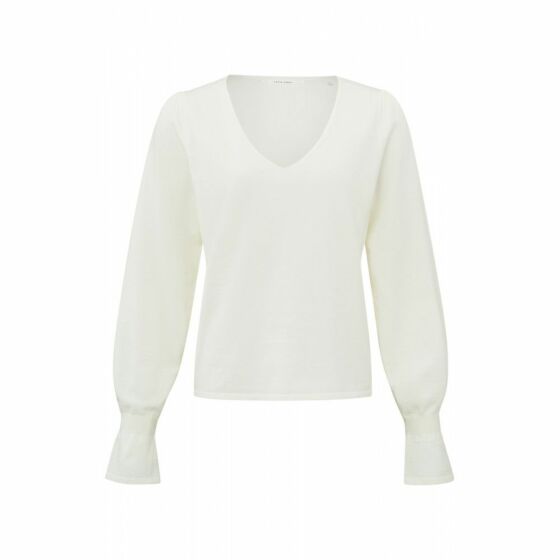 YAYA V-neck with Ruffle Sweater Wool White